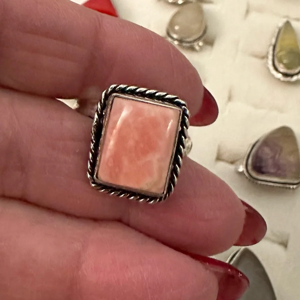 💕‎ Rhodochrosite dainty rectangle ring silver overlay adjustable hand crafted
